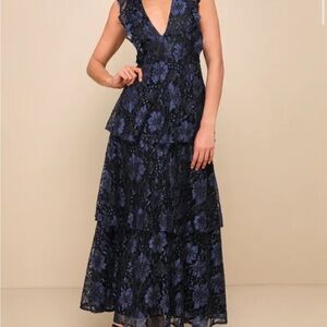 Long black and blue lace tiered dress
